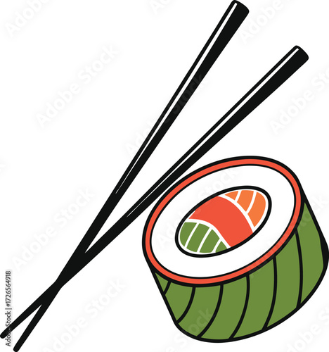 A single delicious salmon sushi roll with green seaweed and orange fish filling rests beside a pair of black chopsticks on a white background