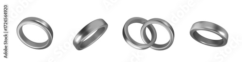 Silver circle jewelry objects for wife and husband. Romantic PNG celebration symbol. Realistic wedding rings set isolated.
