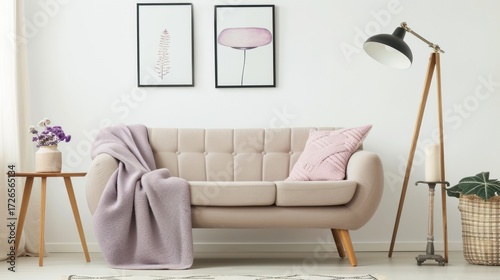 Modern Light Beige Sofa with Pink Pillow and Soft Blanket in Cozy Living Room
