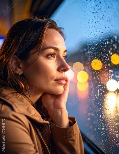 Pensive woman watching city lights on rainy ride