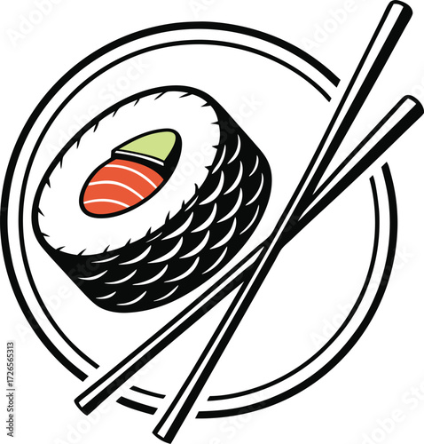 A single delicious sushi roll with salmon and avocado artfully presented on a white plate with two chopsticks symbolizing japanese cuisine and a healthy meal
