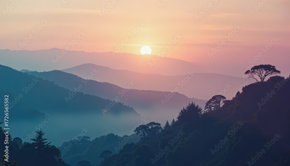 Obraz premium Stunning Sunset Over Misty Mountains Scenic Landscape Photography