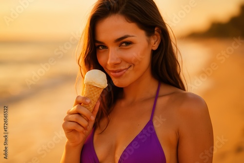 Young Woman Wearing Purple Swimsuit Enjoying Ice Cream on Beach at Sunset