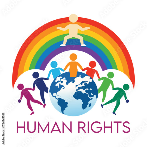 Diverse group of colorful human figures holding hands around a globe under a vibrant rainbow symbolizing unity diversity and global human rights advocacy and protection