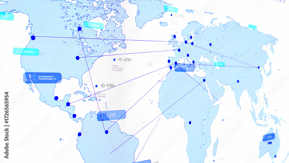 Fototapeta premium Logistics Software with World Map on a White Background with Points and Connections. System Optimizing Global Supply Chain Efficiency. Internet App Visualizing Routes, Tracking Shipments