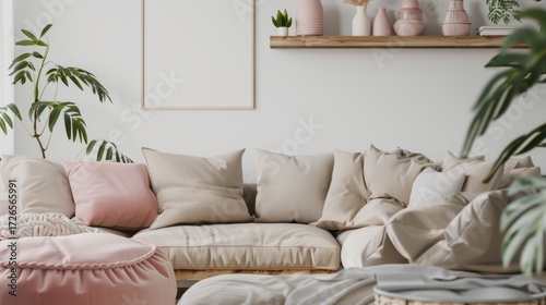 Modern Light Living Room with Beige Sofa Pink Cushion and Green Plants