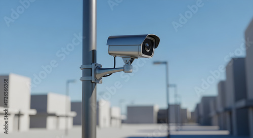 Security camera mounted on a pole in an urban environment with blurred buildings in the background
