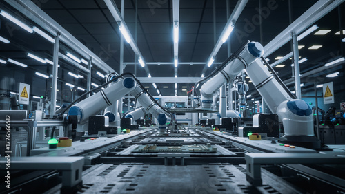 Foto Innovative Manufacturing Factory with Industrial Robots Producing Circuit Boards in an Automated Factory