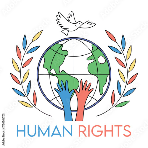 Symbolic illustration of global human rights with a dove of peace a stylized earth diverse hands reaching up and a laurel wreath representing universal values and freedom