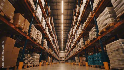 Wide shot of a warehouse interior, filled with stacked boxes and pallets on metal shelves.
