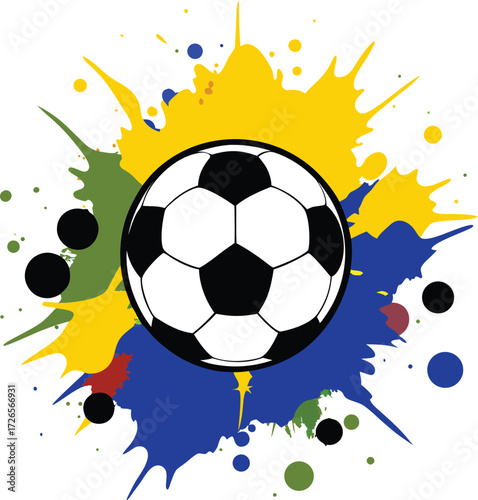 Dynamic soccer ball art with vibrant splashes of yellow blue and green paint creating an energetic abstract background for sports and competition themes