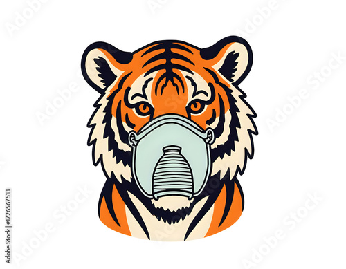 Royal Bengal tiger wearing an oxygen mask, wildlife conservation concept, endangered species awareness illustration