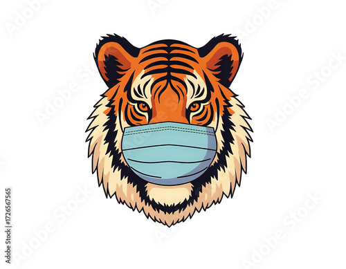 Royal Bengal tiger wearing an oxygen mask, wildlife conservation concept, endangered species awareness illustration