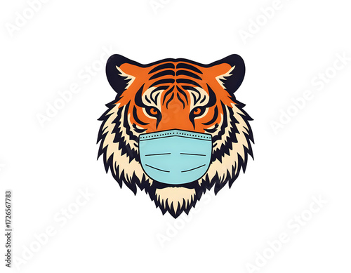 Royal Bengal tiger wearing an oxygen mask, wildlife conservation concept, endangered species awareness illustration