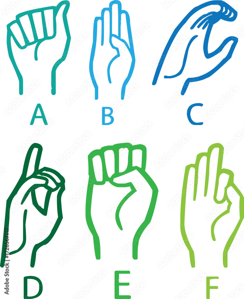 Obraz premium Collection of American Sign Language (ASL) hand gesture illustrations. Includes alphabet letters, basic signs, and symbolic hand shapes. Perfect for educational materials, accessibility projects, 