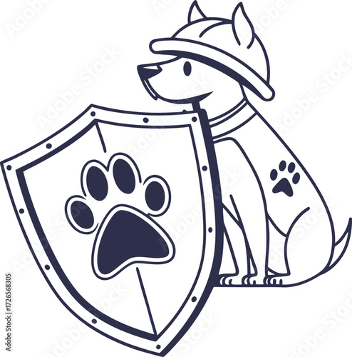 Loyal canine protector wearing helmet and holding shield with paw print emblem