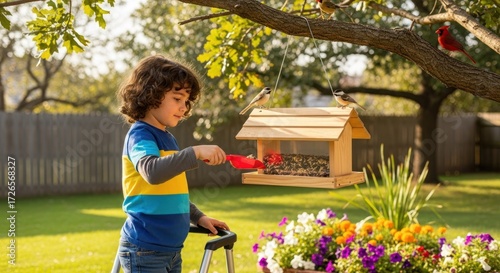 A young boy feeding birds from a bird feeder in a backyard with a wooden structure and colorful flowers.