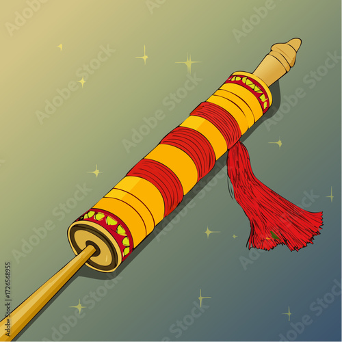 Illustration of an ornate ceremonial staff or scepter wrapped in red and gold fabric, with a tassel, against a sparkling background.