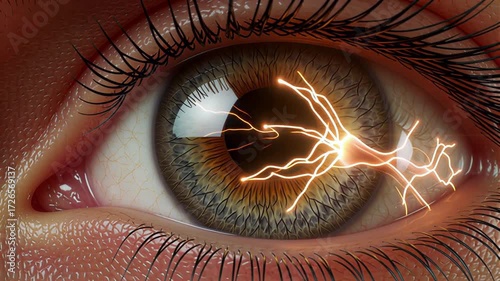 Human eye close-up with electric lightning effect
