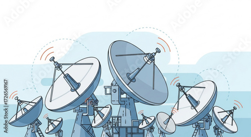 Illustration of multiple satellite dishes with signal waves against a light blue and white background design