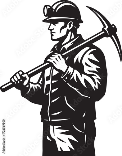 Mascot-Style Miner with Pickaxe Silhouette Graphic