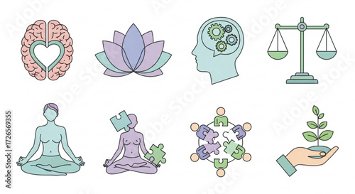 Illustration showing brain with heart, lotus flower, head with gears, scales, meditating woman and puzzle pieces