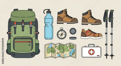 Illustration showing a green backpack, water bottle, hiking boots, compass, map, first aid kit and hiking poles
