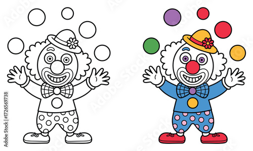 A cartoon clown in a blue suit with polka dot pants juggling colorful balls and a black and white outline version for coloring