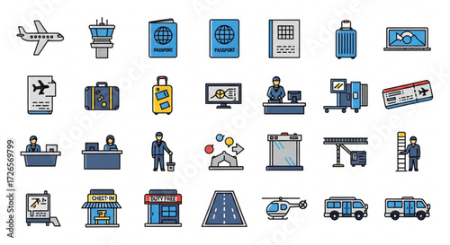 Illustration showing various airport related icons including passports luggage control tower and check in desks