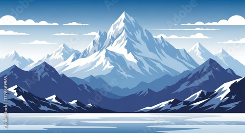 Illustration of a mountain range with snow capped peaks under a blue sky reflected in a body of water