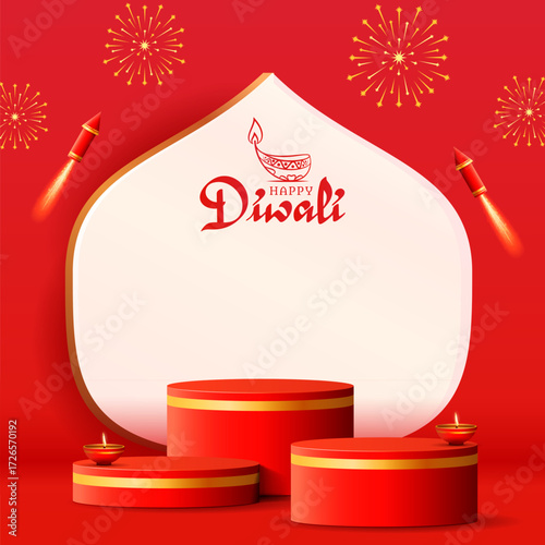 happy diwali festival 3d red podium stage background with diya and crackers