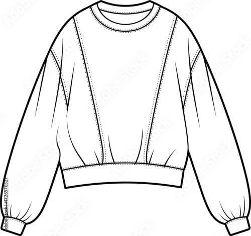 Black and white sweatshirt illustration, crew neck, fashion sketch, garment design, clothing template, line art, apparel drawing, vector outline