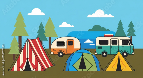 Illustration of camping site with tents, camper vans, trees, and clouds on a sunny day landscape view