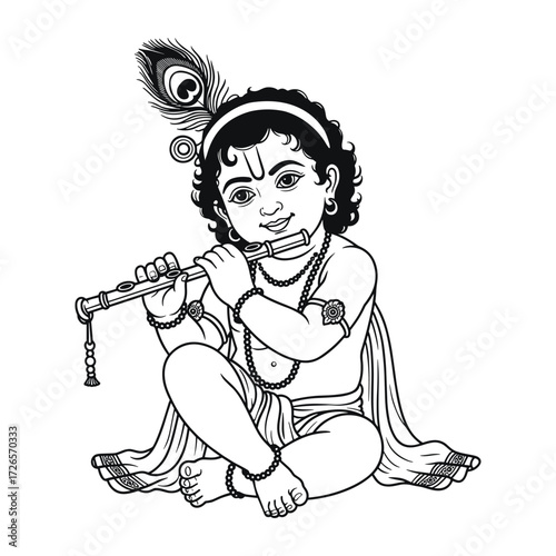 Black and white illustration of baby Krishna playing the flute with a peacock feather in his hair Hindu
