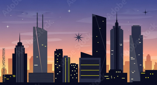 Illustration of a cityscape silhouette with skyscrapers against a colorful twilight sky background view