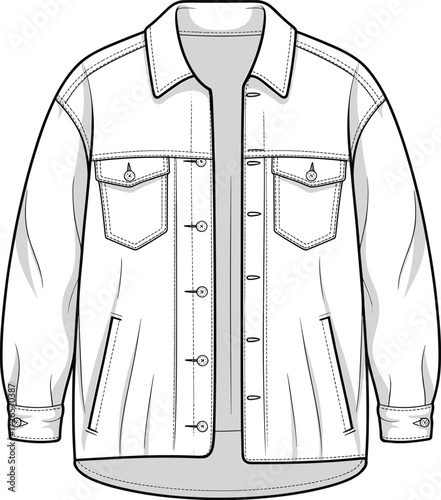 Button-up jacket sketch, long sleeve design, chest pockets, fashion illustration, garment template, clothing vector, line art, structured outerwear