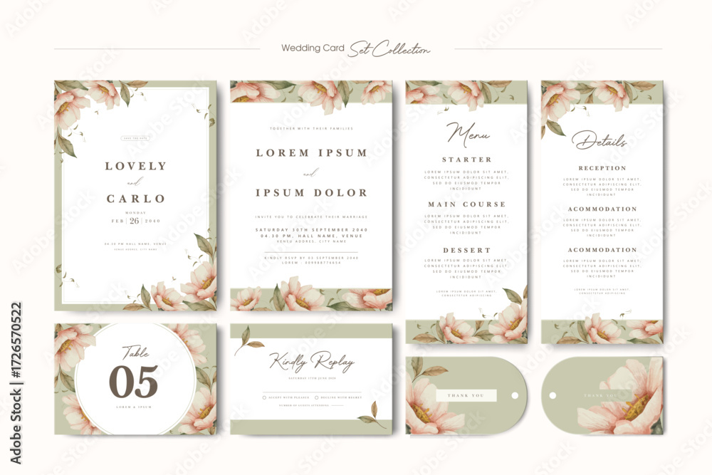 Naklejka premium wedding invitation card set with beautiful floral template