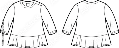 Children’s dress fashion sketch, pleated skirt garment drawing, shoulder button clothing illustration, round neckline design, black and white vector art