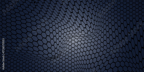 Futuristic abstract background with dark blue honeycomb texture and sleek panels in blue and gray, accented by neon blue lines for a modern tech or gaming vibe.