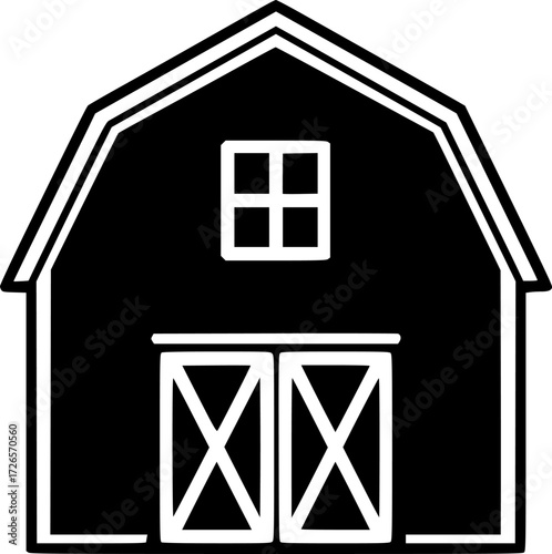 a simple barn icon, barn, white crossbuck doors, white window, black and white, minimalist, vector illustration