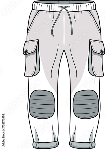 Cargo pants sketch, drawstring waist design, reinforced knee patches, flap pockets, fashion illustration, garment template, clothing vector, utility wear drawing