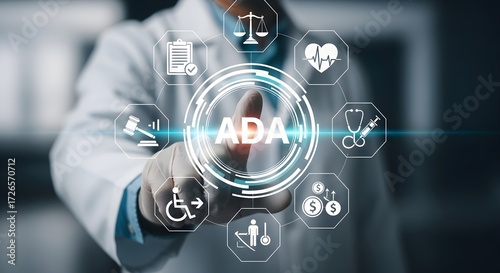Doctor in lab coat touches a digital interface displaying the acronym ADA surrounded by medical and legal icons.