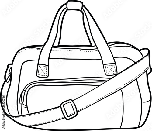 Duffel bag fashion sketch, travel gear accessory drawing, zipper pocket design illustration, shoulder strap detail, black and white vector art