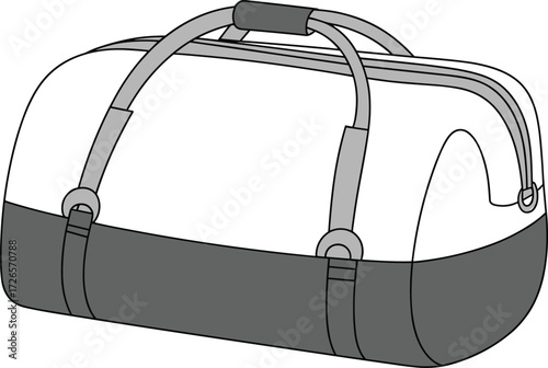 Duffel bag sketch, two-tone design, zipper closure, travel accessory illustration, reinforced handle, fashion vector, line art, stylish gear drawing