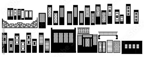 Chinese windows and doors drawing in black and white features a symmetrical arrangement