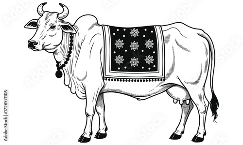 Black and white line art illustration of a zebu cow with decorative blanket and beads cattle livestock