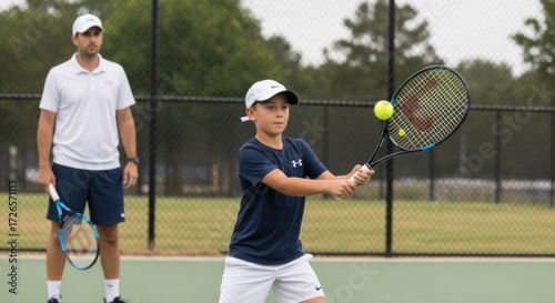 A young boy playing tennis on a court with a male coach.