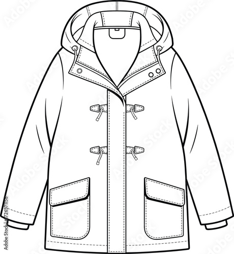 Hooded coat fashion sketch, toggle closure outerwear drawing, flap pocket garment illustration, zipper front design, black and white vector art