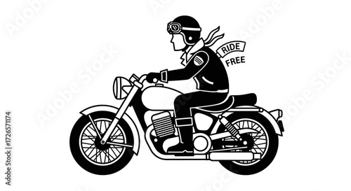 Classic motorcycle illustration with rider wearing helmet and goggles vector design