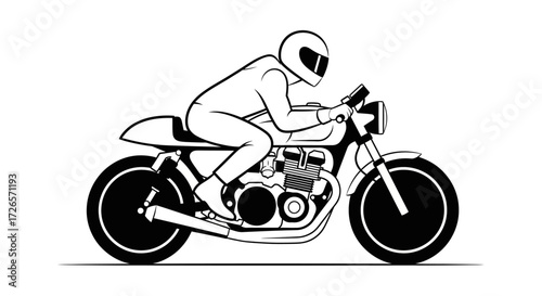 Monochrome depiction of a motorcyclist sporting a helmet riding a classic motorbike with a